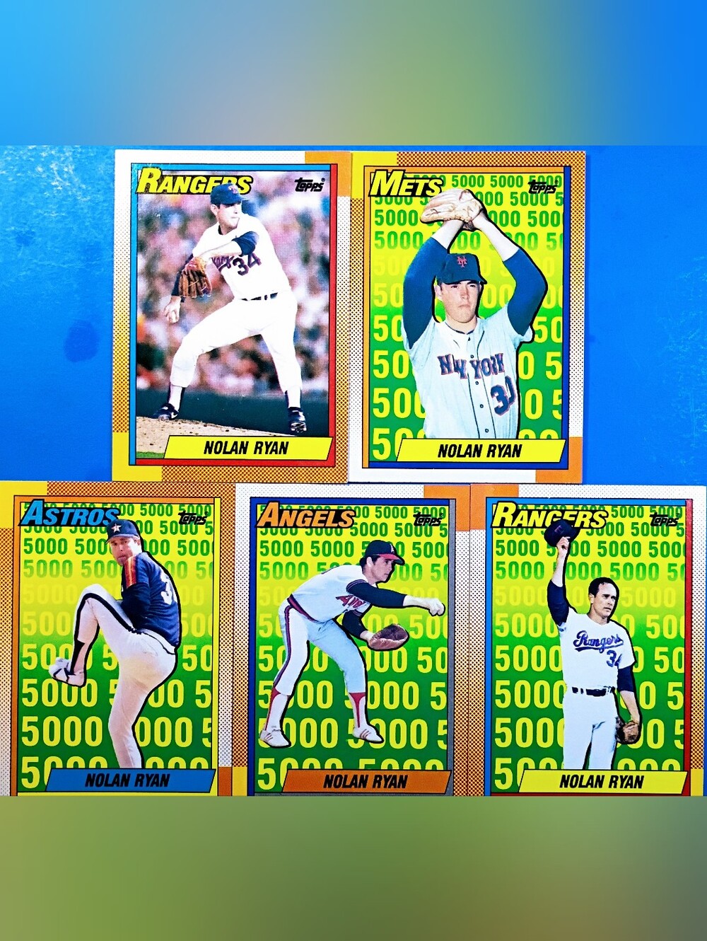 1990 Topps Nolan Ryan 5 Card Set In Excellent Condition From Unopened Box. #0725